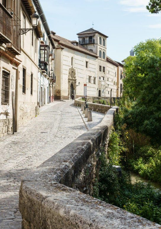 Walk through the neighborhood of Sacromonte with its houses and its green trees.