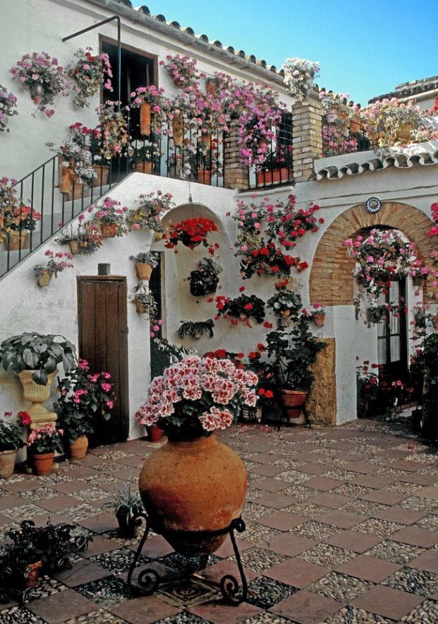 Typical old architecture of Cordoba houses with its stone pavements and its flower pots.