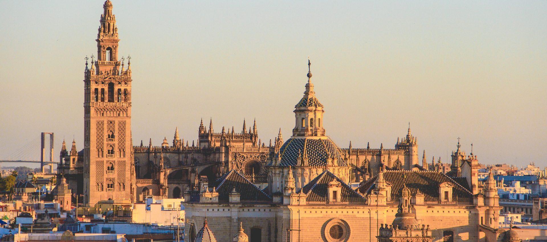 Air picture of the top roofs of Seville with the huge Cathedral standing out everything else.
