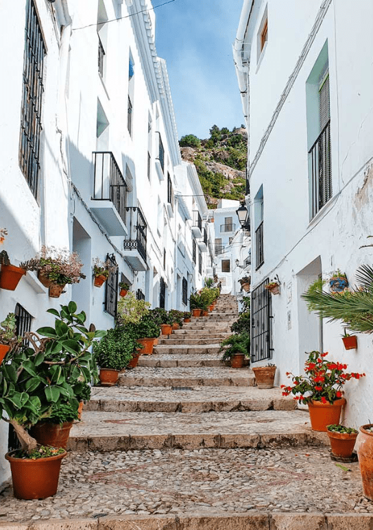 Old cobblestone street with white houses and flower pots typical of our villages in Andalucia.
